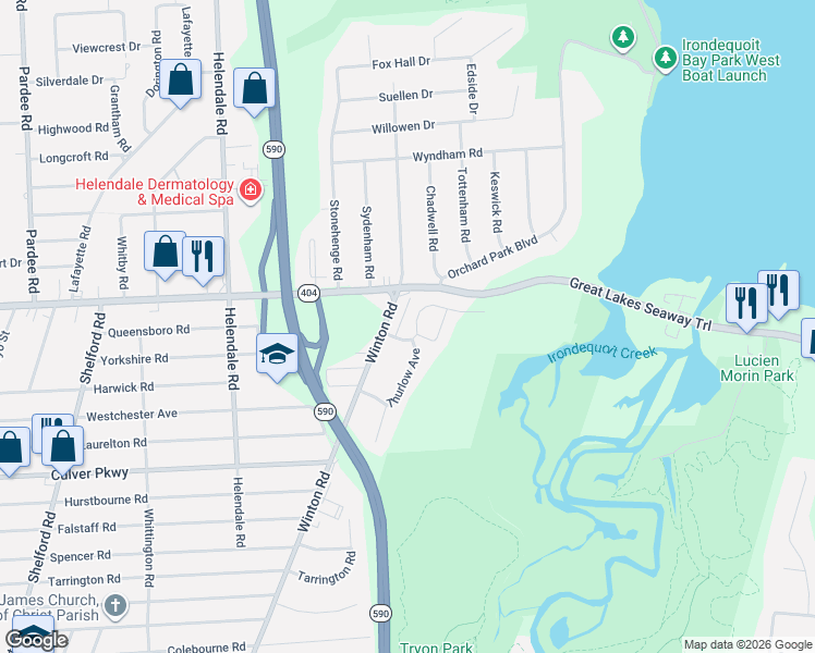 map of restaurants, bars, coffee shops, grocery stores, and more near 175 Thurlow Ave in Rochester