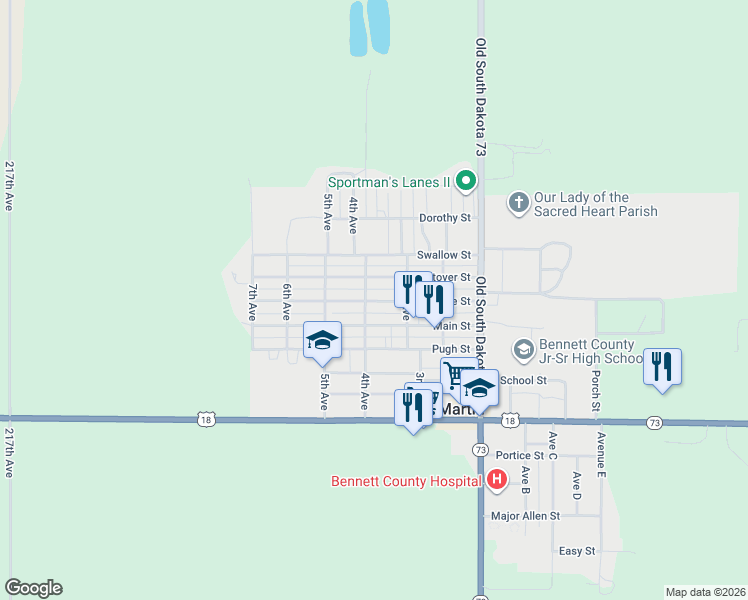 map of restaurants, bars, coffee shops, grocery stores, and more near 302 Main Street in Martin