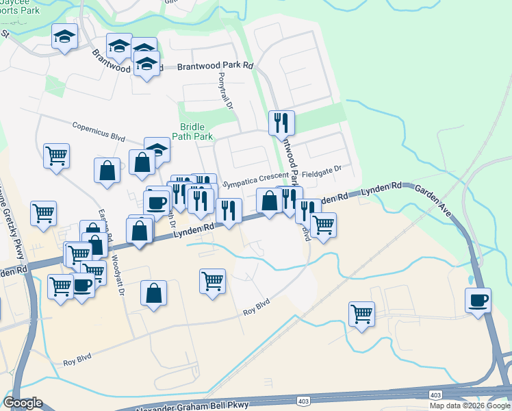 map of restaurants, bars, coffee shops, grocery stores, and more near 229 Lynden Road in Brantford