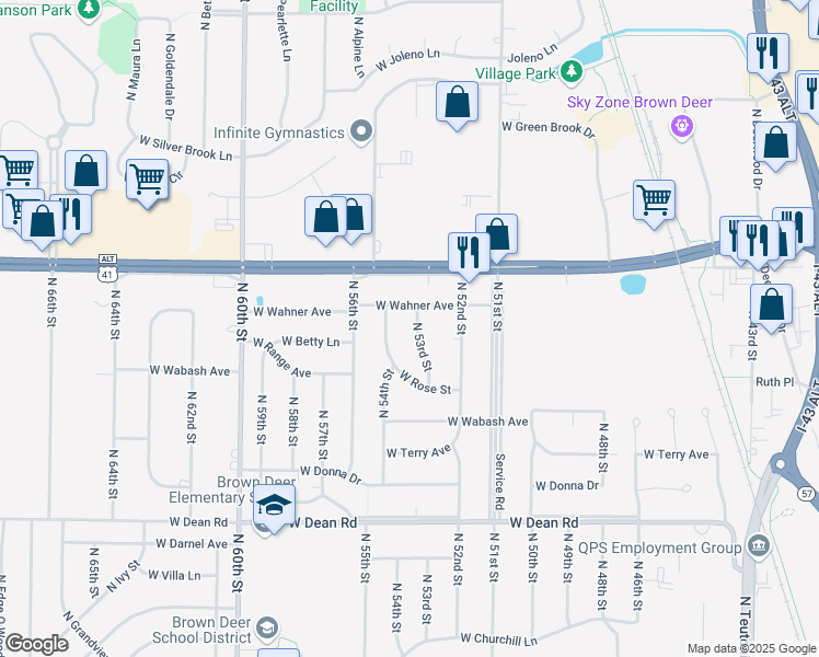 map of restaurants, bars, coffee shops, grocery stores, and more near 8701 North 53rd Street in Brown Deer