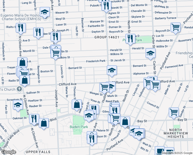 map of restaurants, bars, coffee shops, grocery stores, and more near 8 Weigel Alley in Rochester