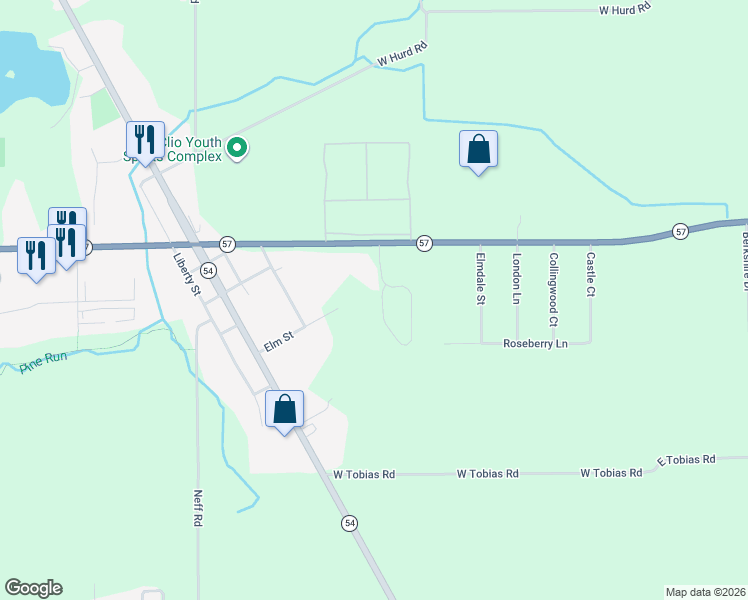 map of restaurants, bars, coffee shops, grocery stores, and more near 11415 Windmill Pointe in Clio