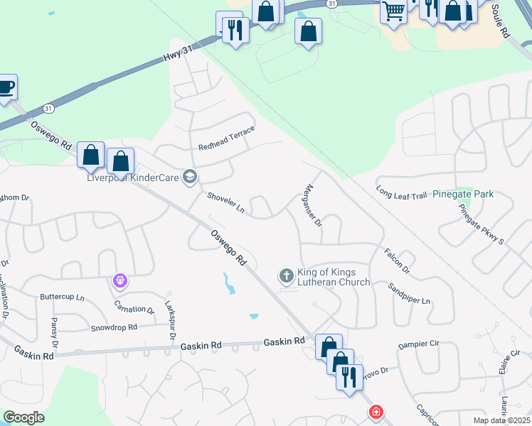 map of restaurants, bars, coffee shops, grocery stores, and more near 8381 Shoveler Lane in Liverpool