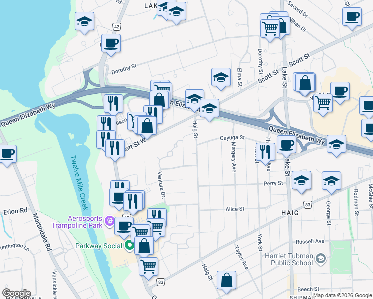 map of restaurants, bars, coffee shops, grocery stores, and more near 17 Barry Street in Saint Catharines