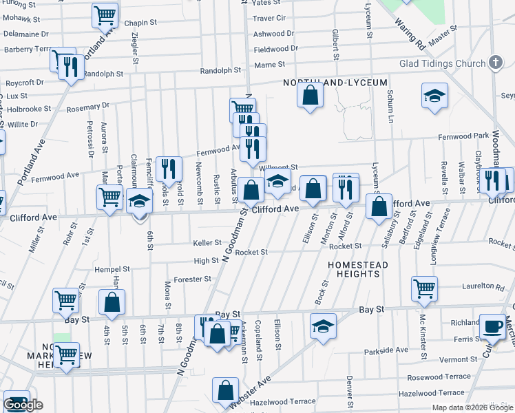 map of restaurants, bars, coffee shops, grocery stores, and more near 1730 Clifford Avenue in Rochester