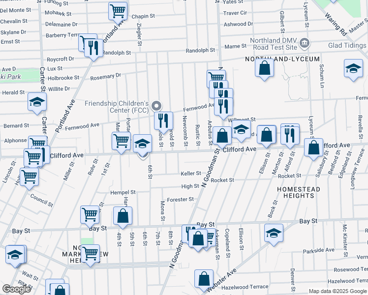 map of restaurants, bars, coffee shops, grocery stores, and more near 1624 Clifford Avenue in Rochester
