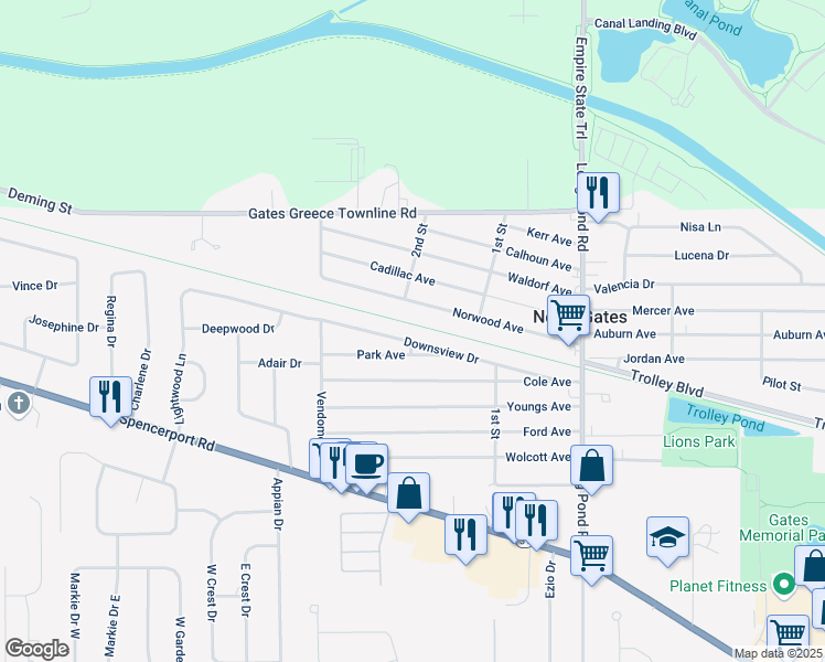 map of restaurants, bars, coffee shops, grocery stores, and more near 222 Downsview Drive in Rochester