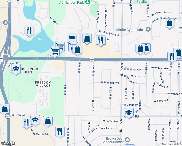 map of restaurants, bars, coffee shops, grocery stores, and more near 8701 North 64th Street in Brown Deer