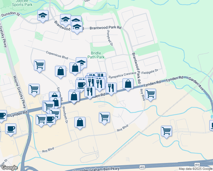 map of restaurants, bars, coffee shops, grocery stores, and more near 9 Bonheur Court in Brantford
