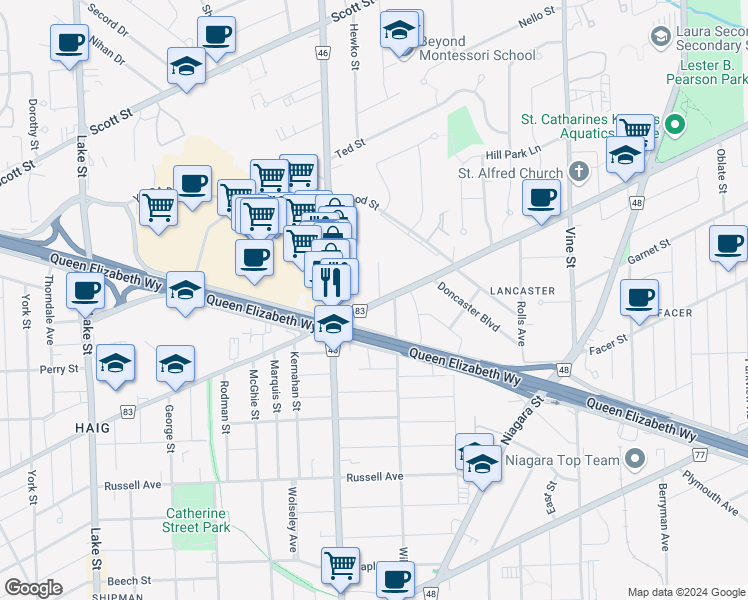 map of restaurants, bars, coffee shops, grocery stores, and more near 257 Carlton Street in Saint Catharines