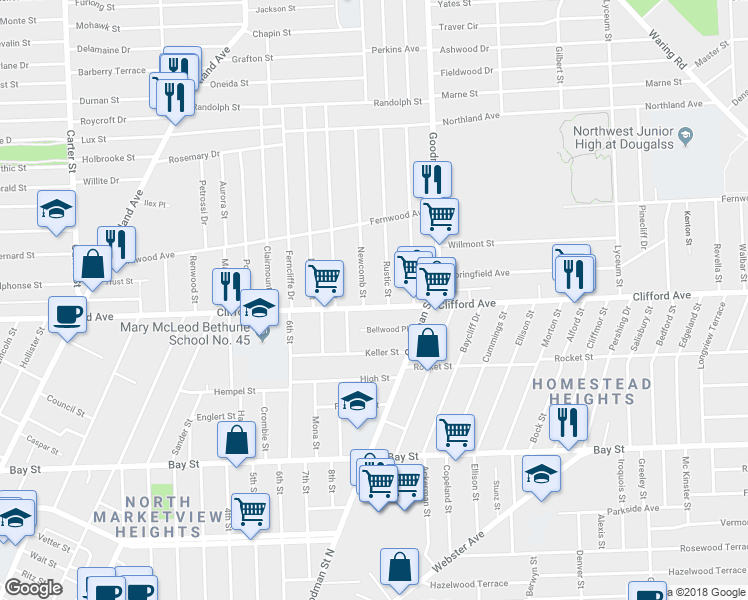 map of restaurants, bars, coffee shops, grocery stores, and more near 1624 Clifford Avenue in Rochester