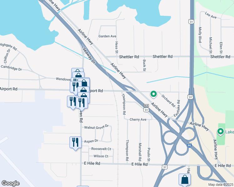 map of restaurants, bars, coffee shops, grocery stores, and more near 1177 Airport Road in Norton Shores