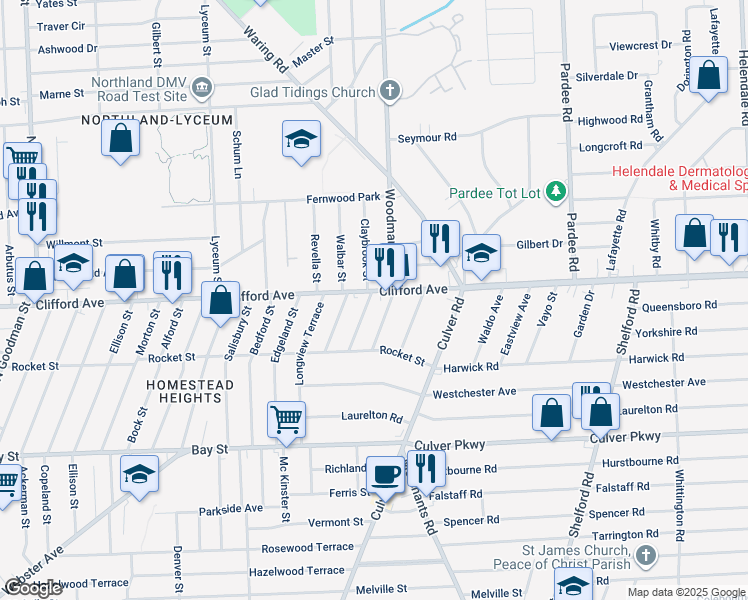 map of restaurants, bars, coffee shops, grocery stores, and more near 2233 Clifford Avenue in Rochester