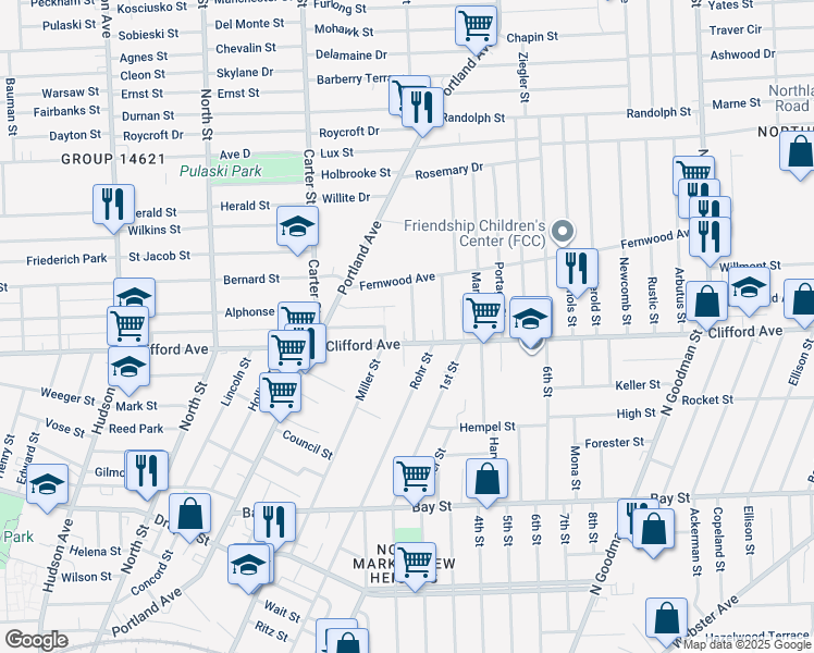 map of restaurants, bars, coffee shops, grocery stores, and more near 19 Spiegel Park in Rochester