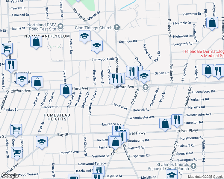 map of restaurants, bars, coffee shops, grocery stores, and more near 2267 Clifford Avenue in Rochester