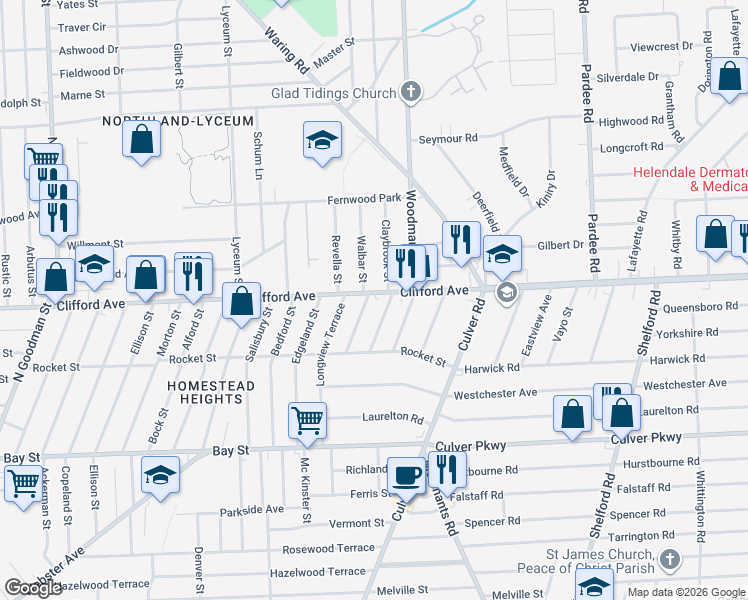 map of restaurants, bars, coffee shops, grocery stores, and more near 2215 Clifford Avenue in Rochester