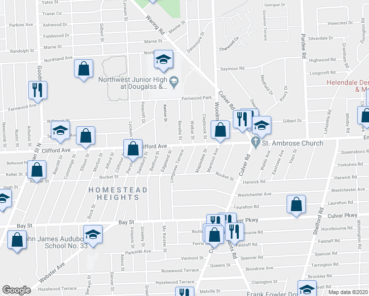 map of restaurants, bars, coffee shops, grocery stores, and more near 2171 Clifford Avenue in Rochester