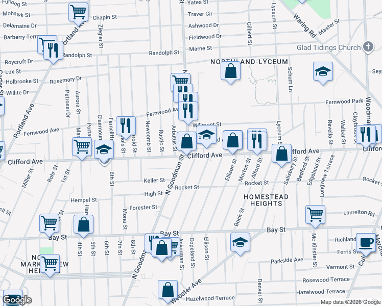 map of restaurants, bars, coffee shops, grocery stores, and more near 1730 Clifford Avenue in Rochester