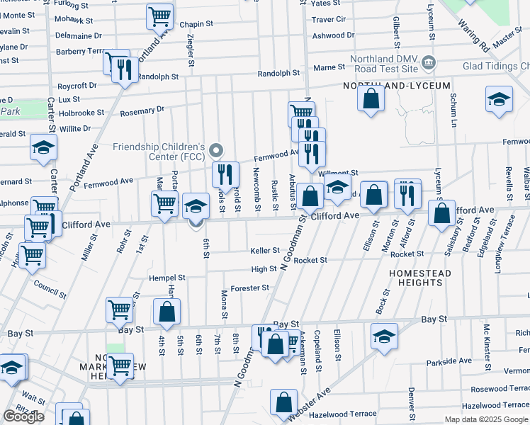 map of restaurants, bars, coffee shops, grocery stores, and more near 1624 Clifford Avenue in Rochester