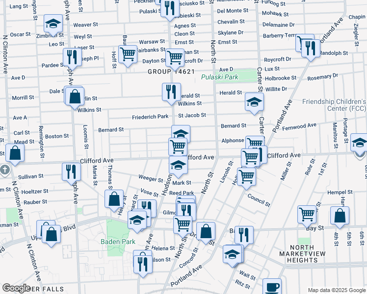 map of restaurants, bars, coffee shops, grocery stores, and more near 229 Alphonse Street in Rochester