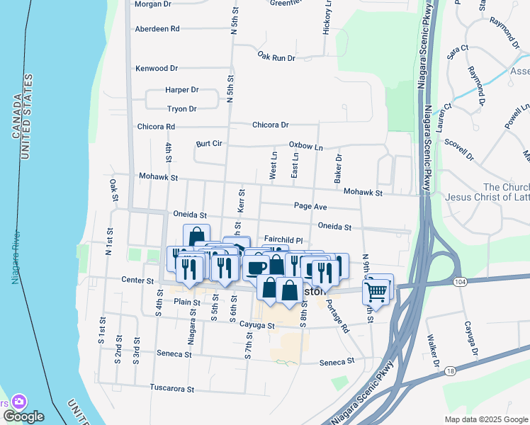 map of restaurants, bars, coffee shops, grocery stores, and more near 710 Oneida Street in Lewiston