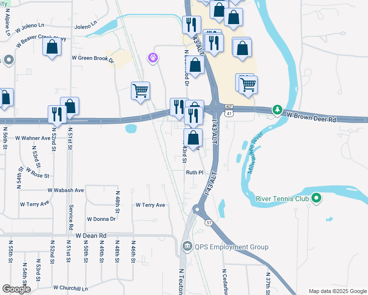 map of restaurants, bars, coffee shops, grocery stores, and more near 8718 North 43rd Street in Brown Deer