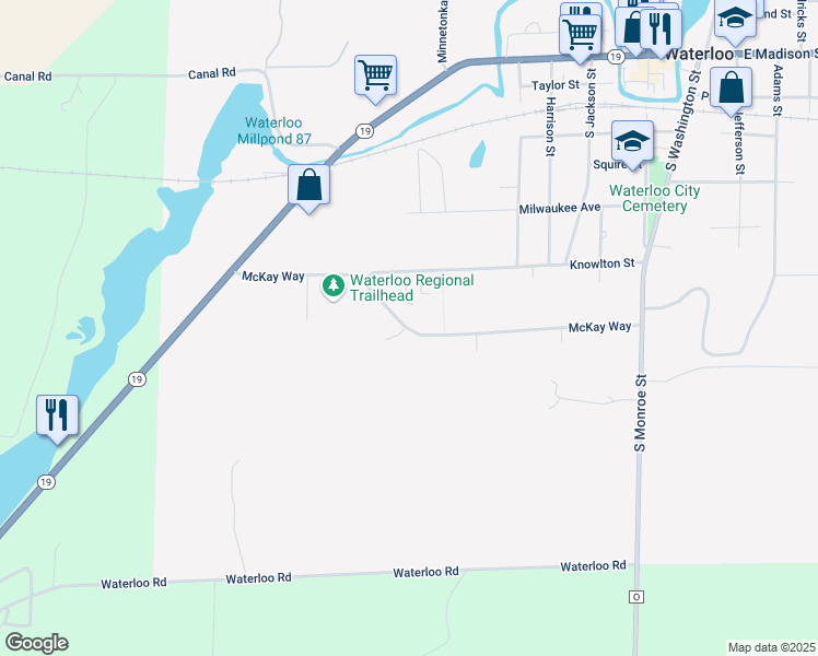 map of restaurants, bars, coffee shops, grocery stores, and more near 665 McKay Way in Waterloo