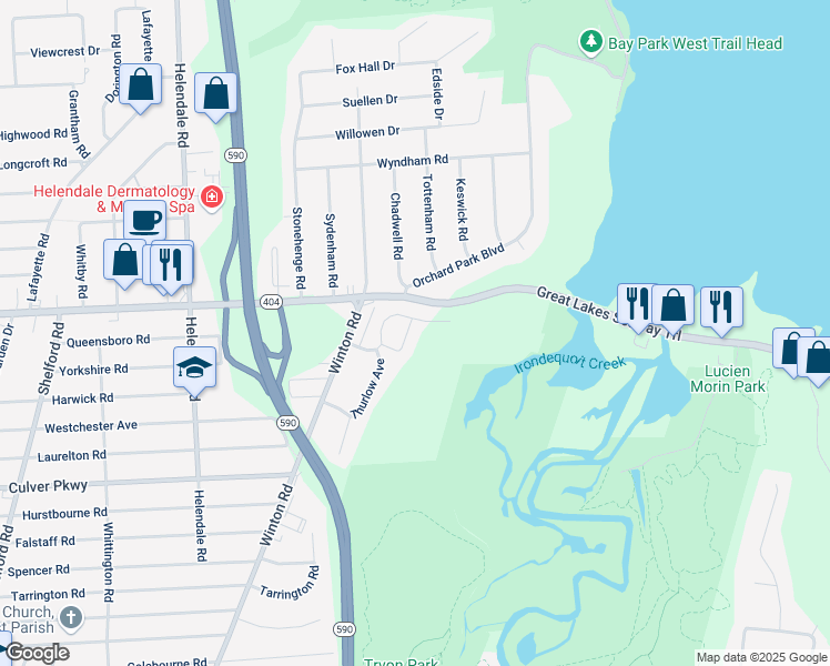 map of restaurants, bars, coffee shops, grocery stores, and more near 36 Club Drive in Irondequoit