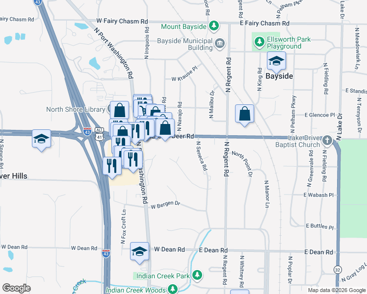 map of restaurants, bars, coffee shops, grocery stores, and more near 240 West Suburban Court in Fox Point