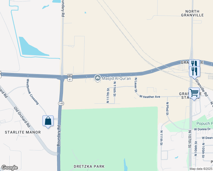 map of restaurants, bars, coffee shops, grocery stores, and more near 11702 West Brittany Way in Milwaukee