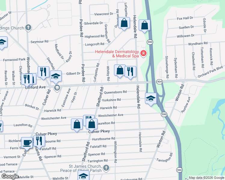 map of restaurants, bars, coffee shops, grocery stores, and more near 60 Queensboro Rd in Rochester