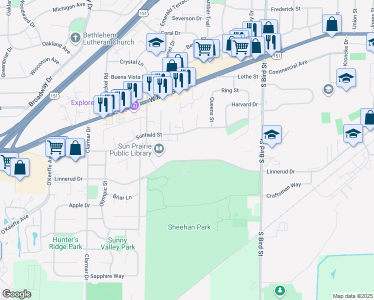 map of restaurants, bars, coffee shops, grocery stores, and more near 1340 Linnerud Drive in Sun Prairie