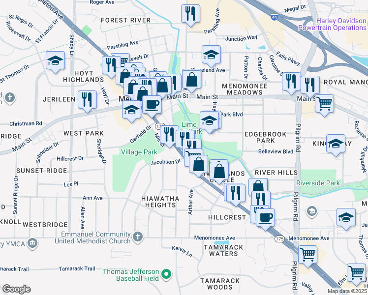 map of restaurants, bars, coffee shops, grocery stores, and more near 16392 Appleton Avenue in Menomonee Falls