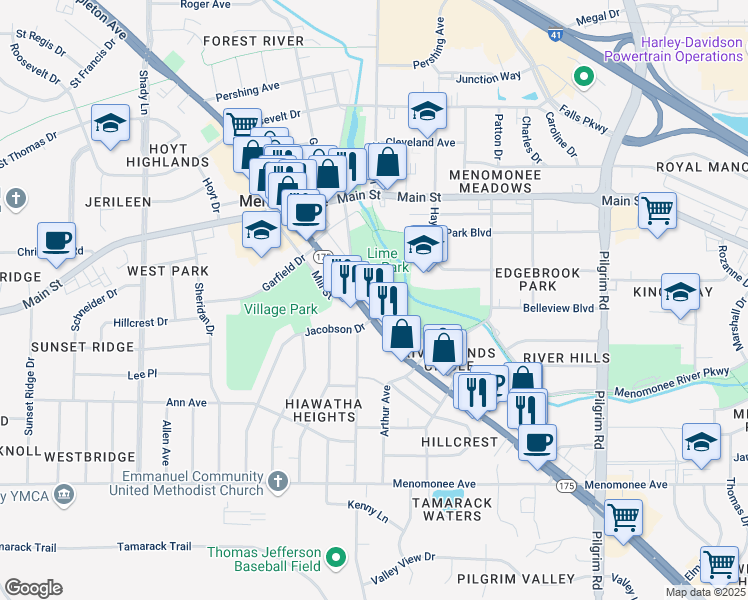 map of restaurants, bars, coffee shops, grocery stores, and more near 16392 Appleton Avenue in Menomonee Falls