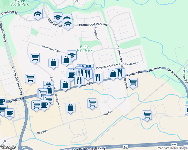 map of restaurants, bars, coffee shops, grocery stores, and more near in Brantford