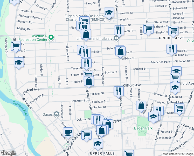 map of restaurants, bars, coffee shops, grocery stores, and more near 22 Laforce Street in Rochester