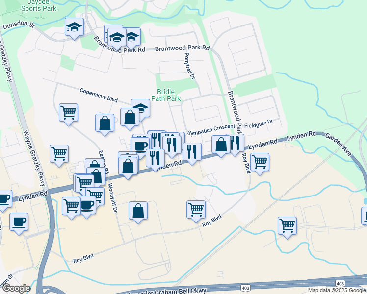 map of restaurants, bars, coffee shops, grocery stores, and more near 9 Bonheur Court in Brantford