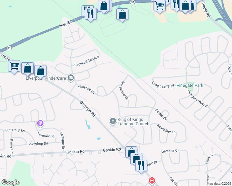 map of restaurants, bars, coffee shops, grocery stores, and more near 8379 Redwing Drive in Liverpool