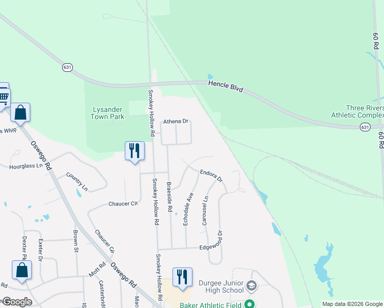 map of restaurants, bars, coffee shops, grocery stores, and more near 19 Steeplechase Lane in Baldwinsville