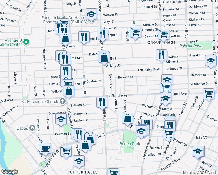map of restaurants, bars, coffee shops, grocery stores, and more near 19 Loomis Street in Rochester