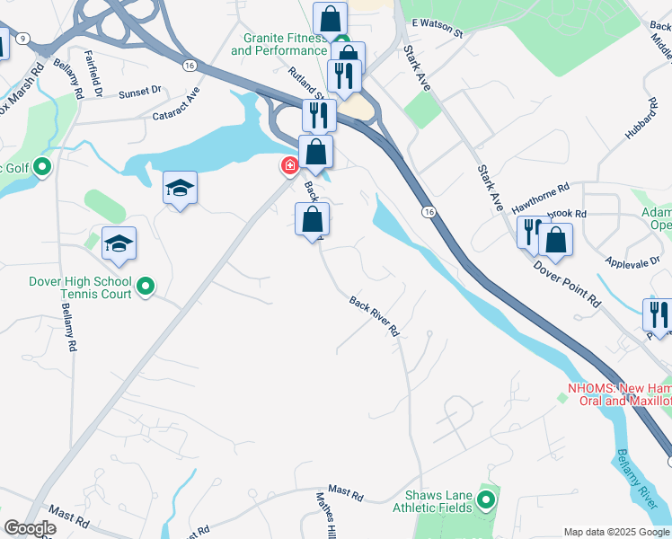 map of restaurants, bars, coffee shops, grocery stores, and more near 28 Back River Road in Dover