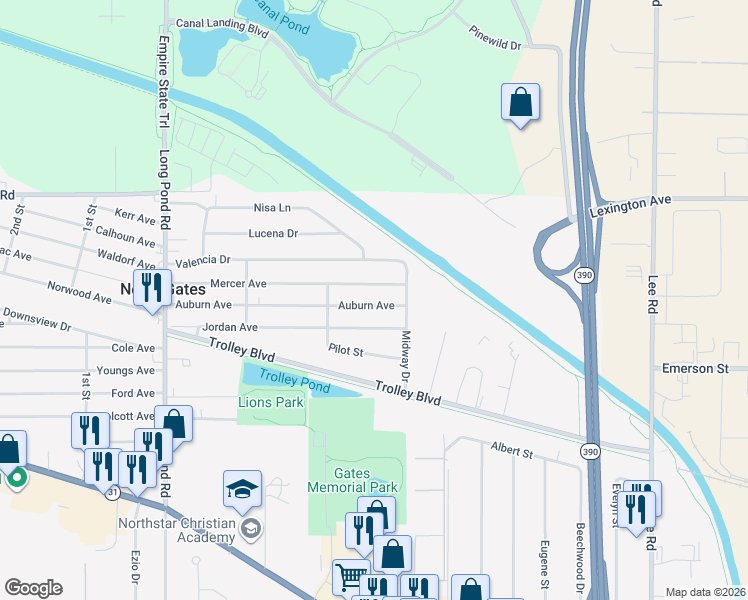 map of restaurants, bars, coffee shops, grocery stores, and more near 44 Auburn Avenue in Rochester