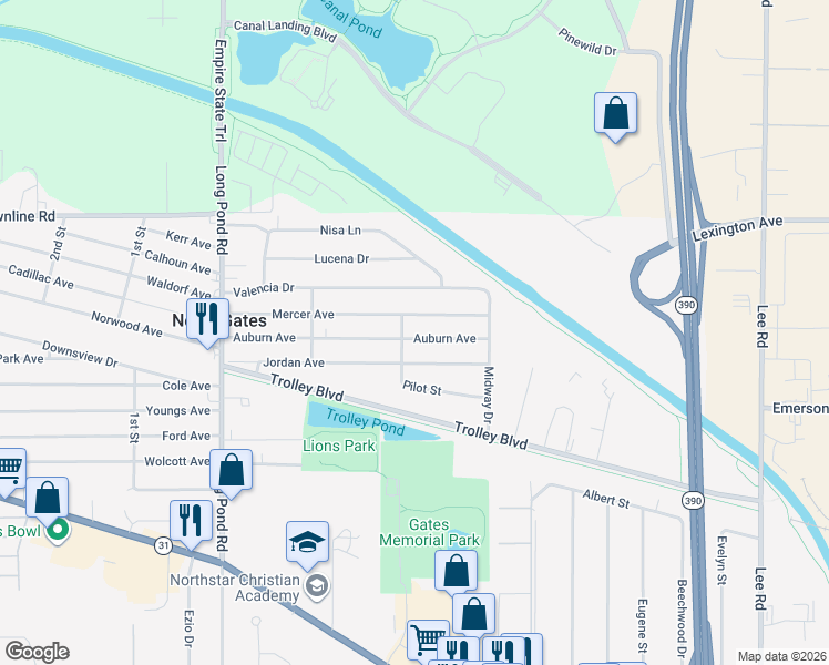 map of restaurants, bars, coffee shops, grocery stores, and more near 100 Auburn Avenue in Rochester