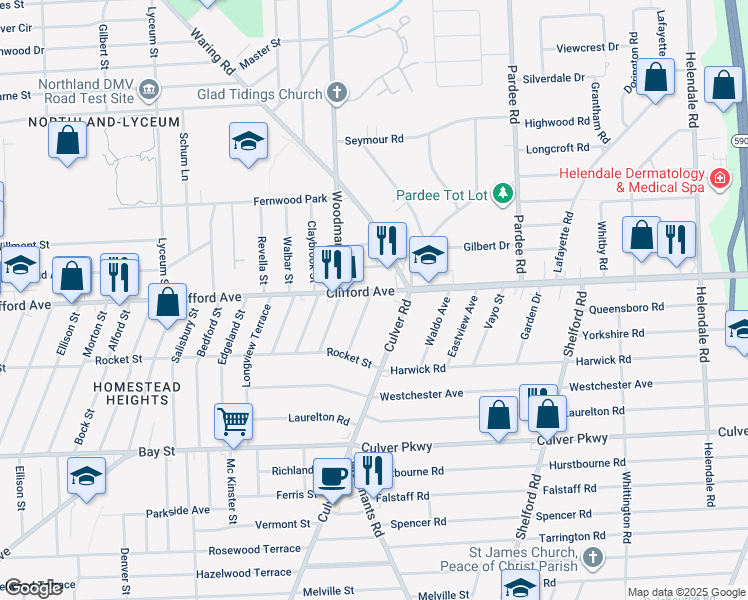 map of restaurants, bars, coffee shops, grocery stores, and more near 2325 Clifford Ave in Rochester