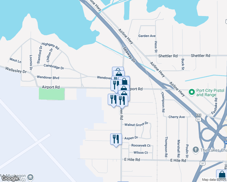 map of restaurants, bars, coffee shops, grocery stores, and more near 953 Airport Road in Norton Shores