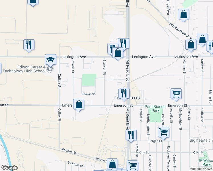 map of restaurants, bars, coffee shops, grocery stores, and more near 102 Stenson Street in Rochester