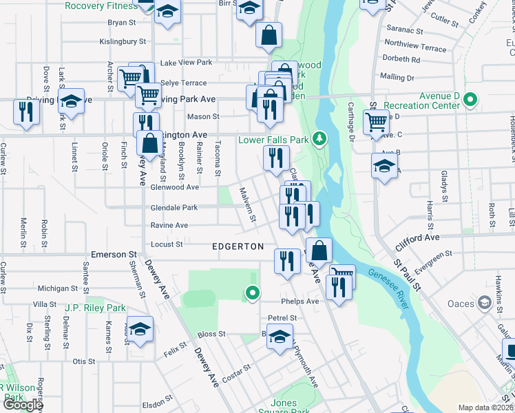 map of restaurants, bars, coffee shops, grocery stores, and more near 215 Fulton Ave in Rochester