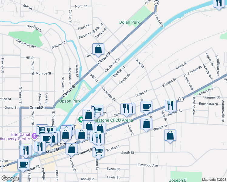 map of restaurants, bars, coffee shops, grocery stores, and more near 50 Exchange Street in Lockport