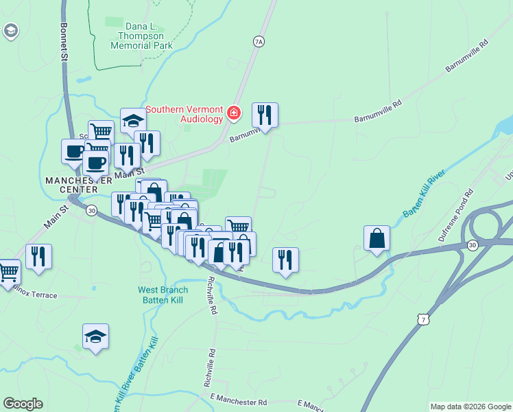 map of restaurants, bars, coffee shops, grocery stores, and more near 236 Highland Avenue in Bennington County