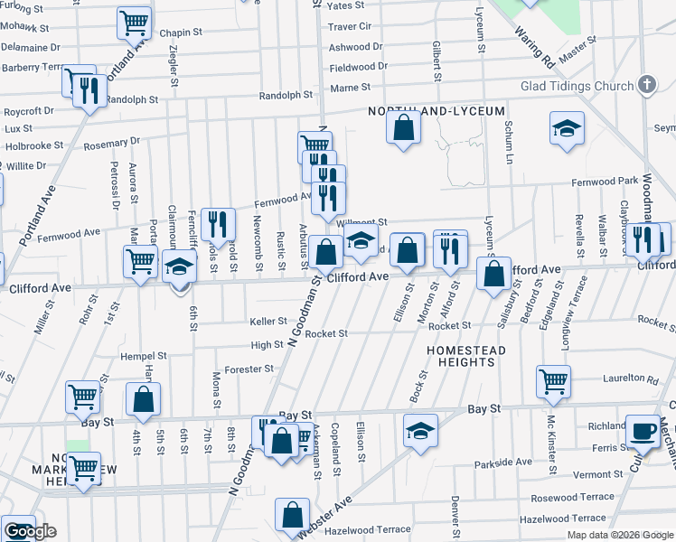 map of restaurants, bars, coffee shops, grocery stores, and more near 1730 Clifford Avenue in Rochester